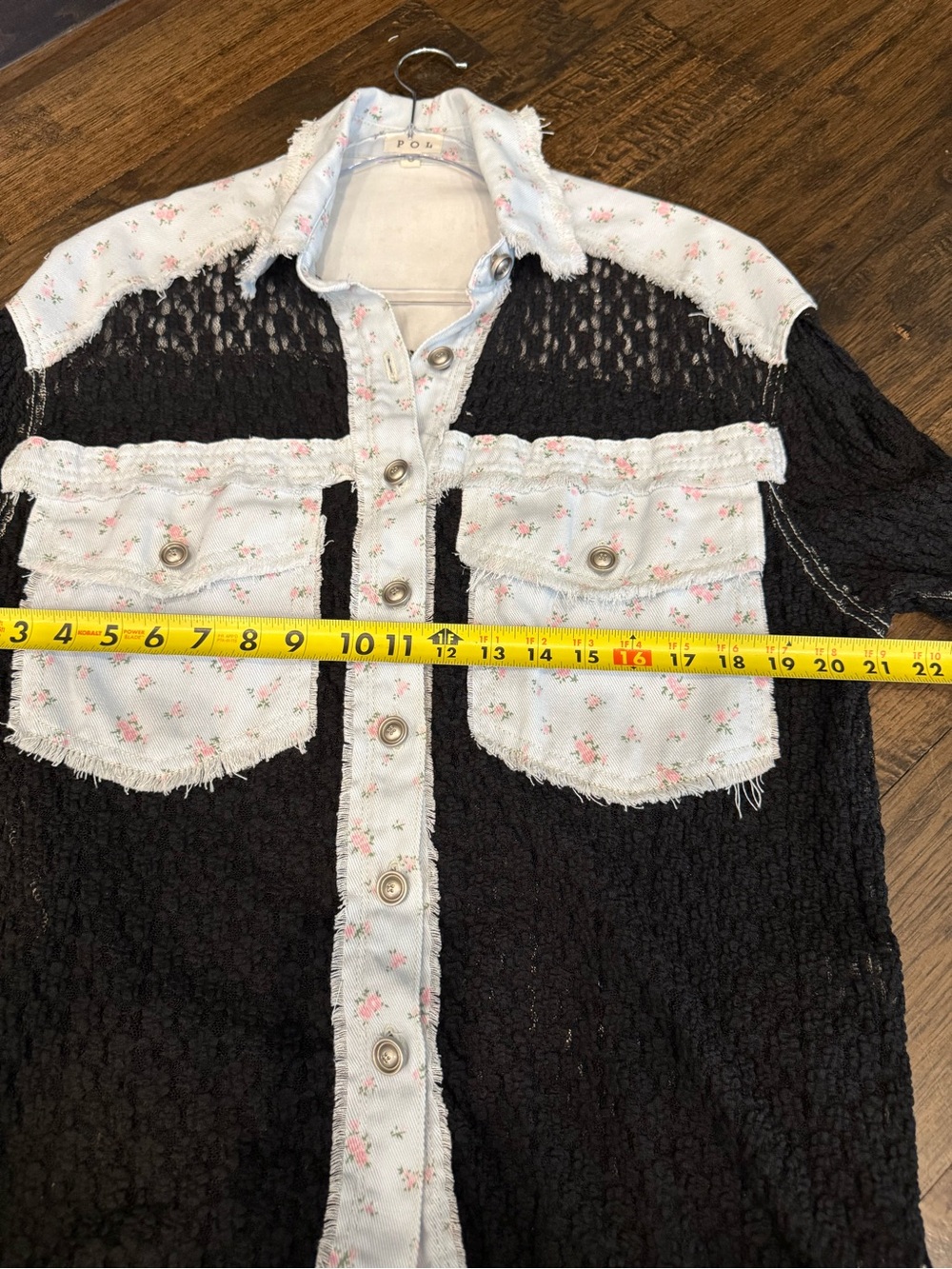 POL Black Textured Button-Down with Light Blue Floral Trim - Picture 9 of 11